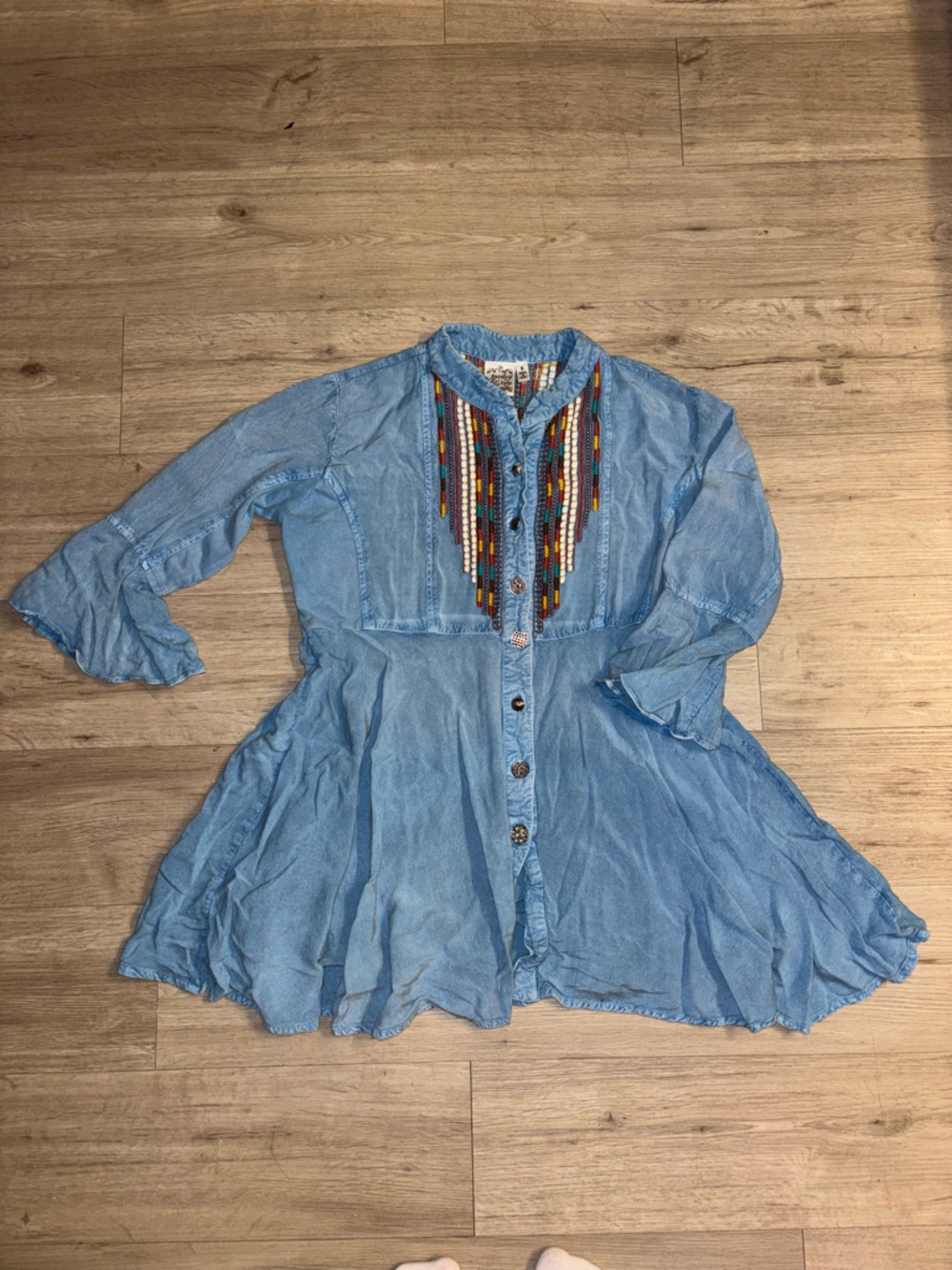 Light Blue Denim Detail Dress with Colorful Embroidery